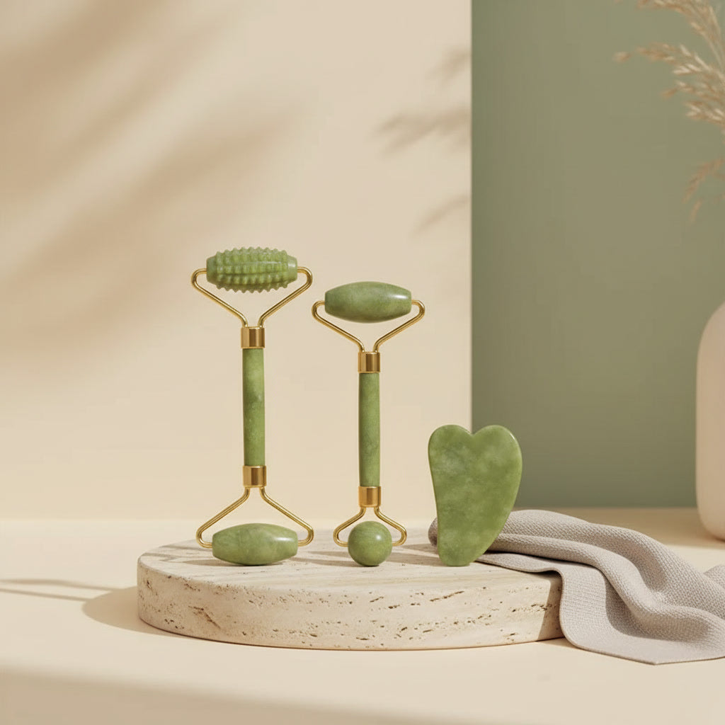 Green face roller and Gua Sha massage tool set on a neutral skincare background